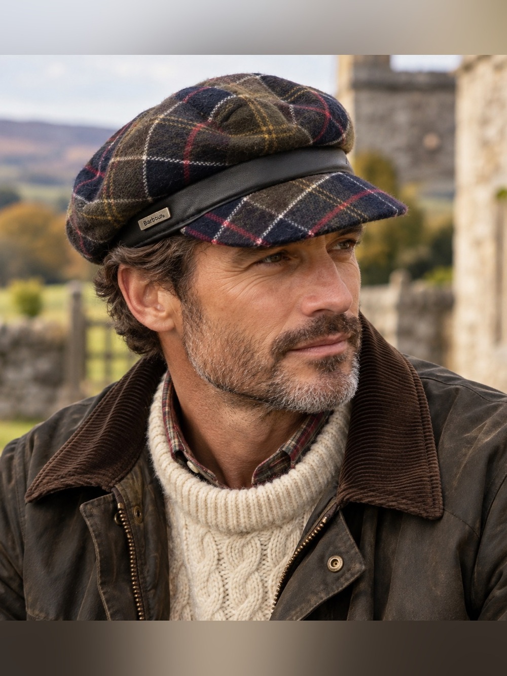 Barbour Wool Plaid Newsboy Baker Boy Cap Hat Leather Trim Size S